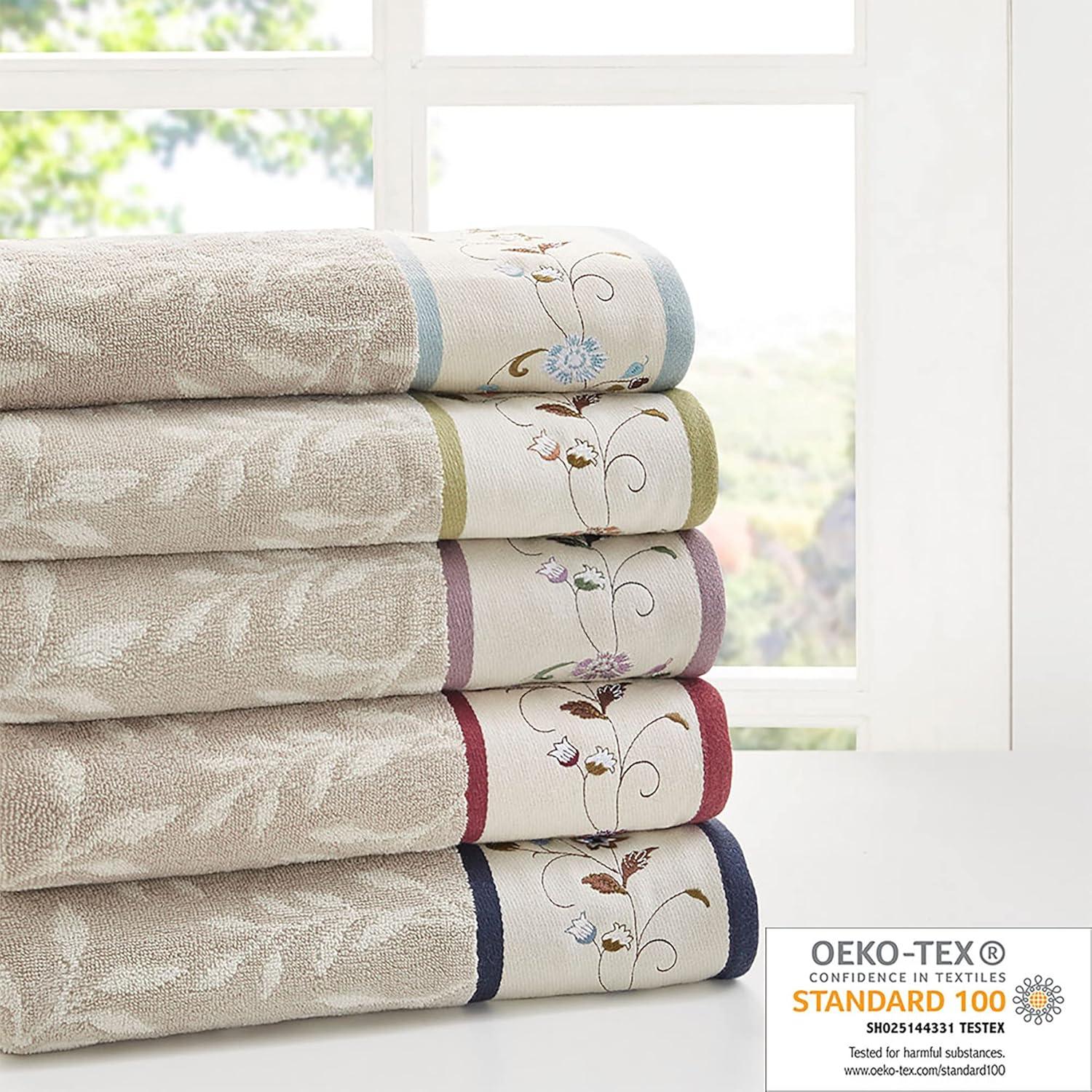 imageMadison Park Serene 100 Cotton Bath Towel Set Luxurious Floral Decorative Towels for Bathroom Embroidered Cotton Jacquard Design Soft Highly Absorbent for Shower 600 GSM MultiSizes Green 6 PieceNavy
