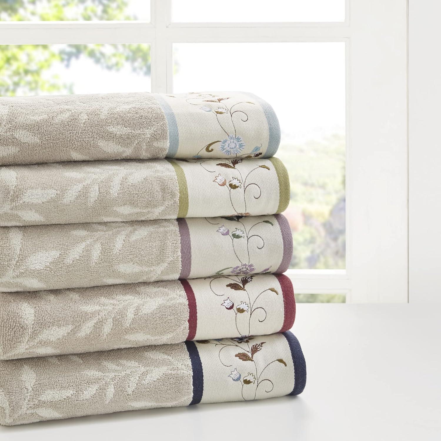 imageMadison Park Serene 100 Cotton Bath Towel Set Luxurious Floral Decorative Towels for Bathroom Embroidered Cotton Jacquard Design Soft Highly Absorbent for Shower 600 GSM MultiSizes Green 6 PieceNavy