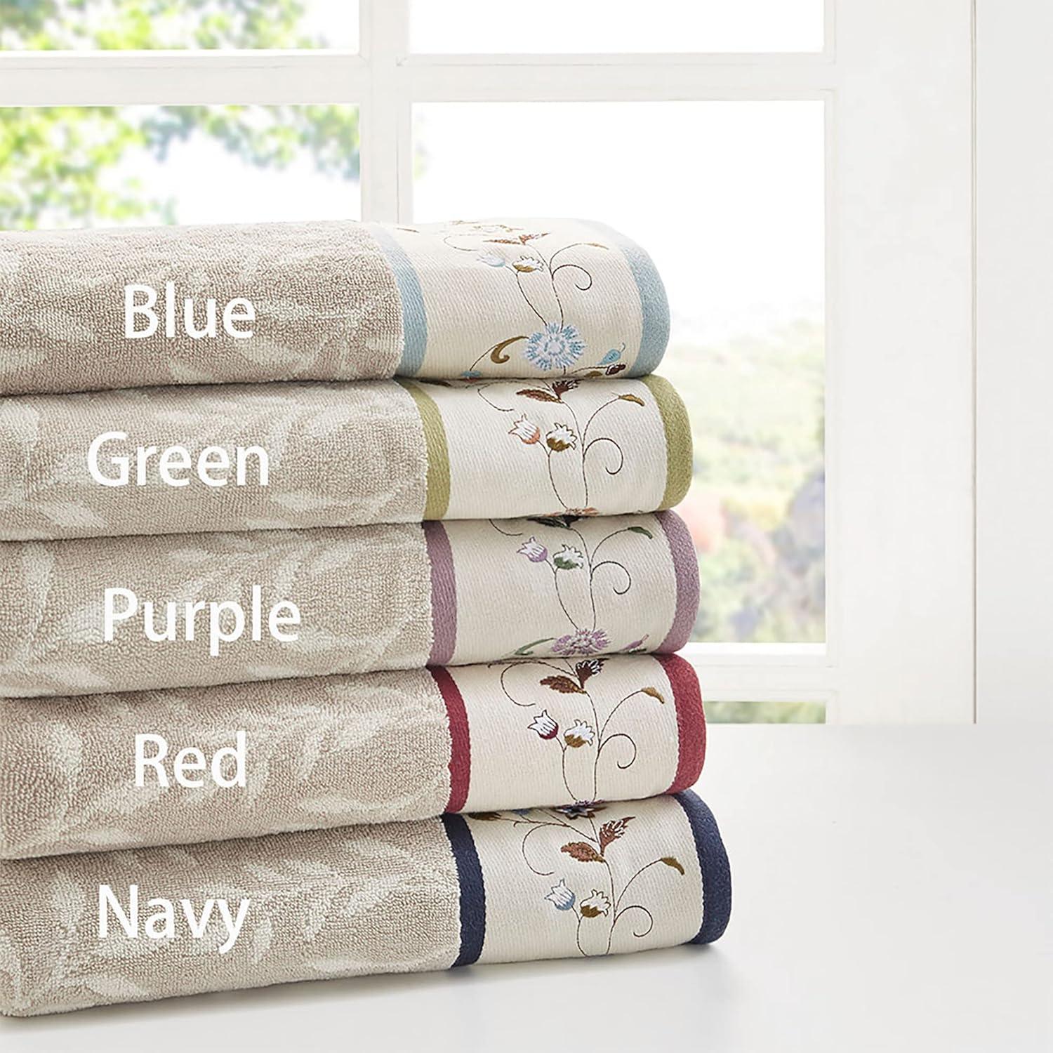 imageMadison Park Serene 100 Cotton Bath Towel Set Luxurious Floral Decorative Towels for Bathroom Embroidered Cotton Jacquard Design Soft Highly Absorbent for Shower 600 GSM MultiSizes Green 6 PieceNavy