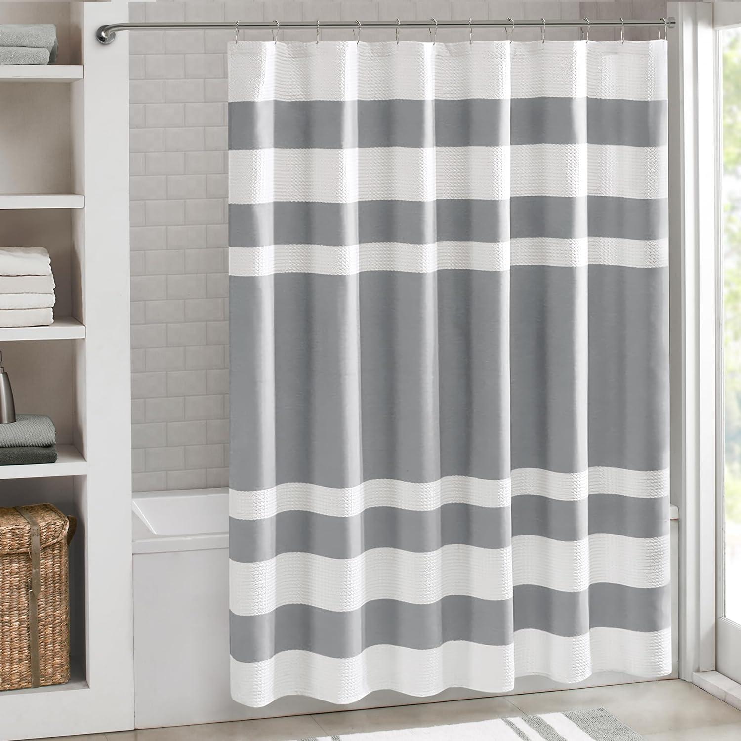 imageMadison Park Shower Curtain Spa Waffle Weave Stall Shower Curtain for Bathroom 3M Scotchgard Moisture Management Spa Quality Modern Shower Curtains for Bathroom Stall 36x72 TaupeStripe Grey