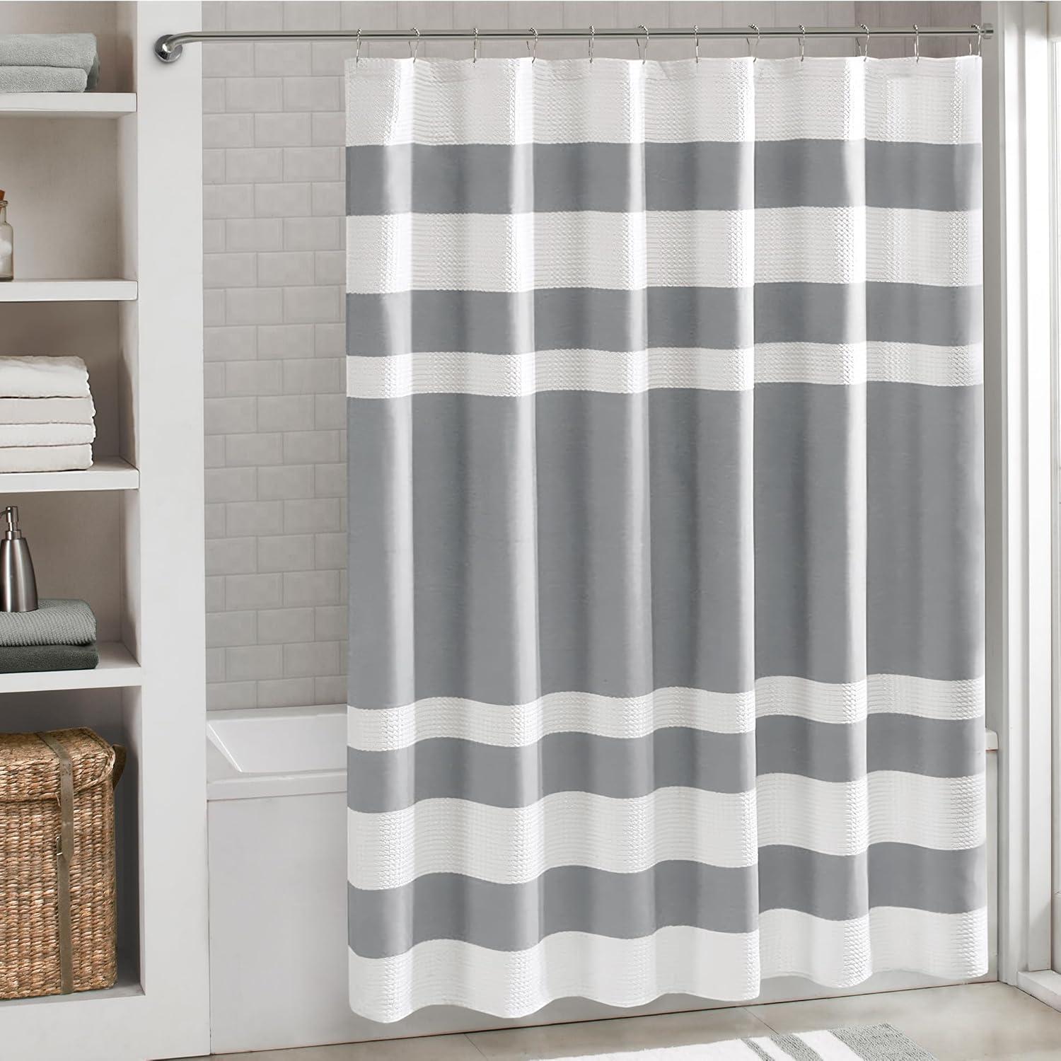 imageMadison Park Shower Curtain Spa Waffle Weave Stall Shower Curtain for Bathroom 3M Scotchgard Moisture Management Spa Quality Modern Shower Curtains for Bathroom Stall 36x72 TaupeStripe Grey