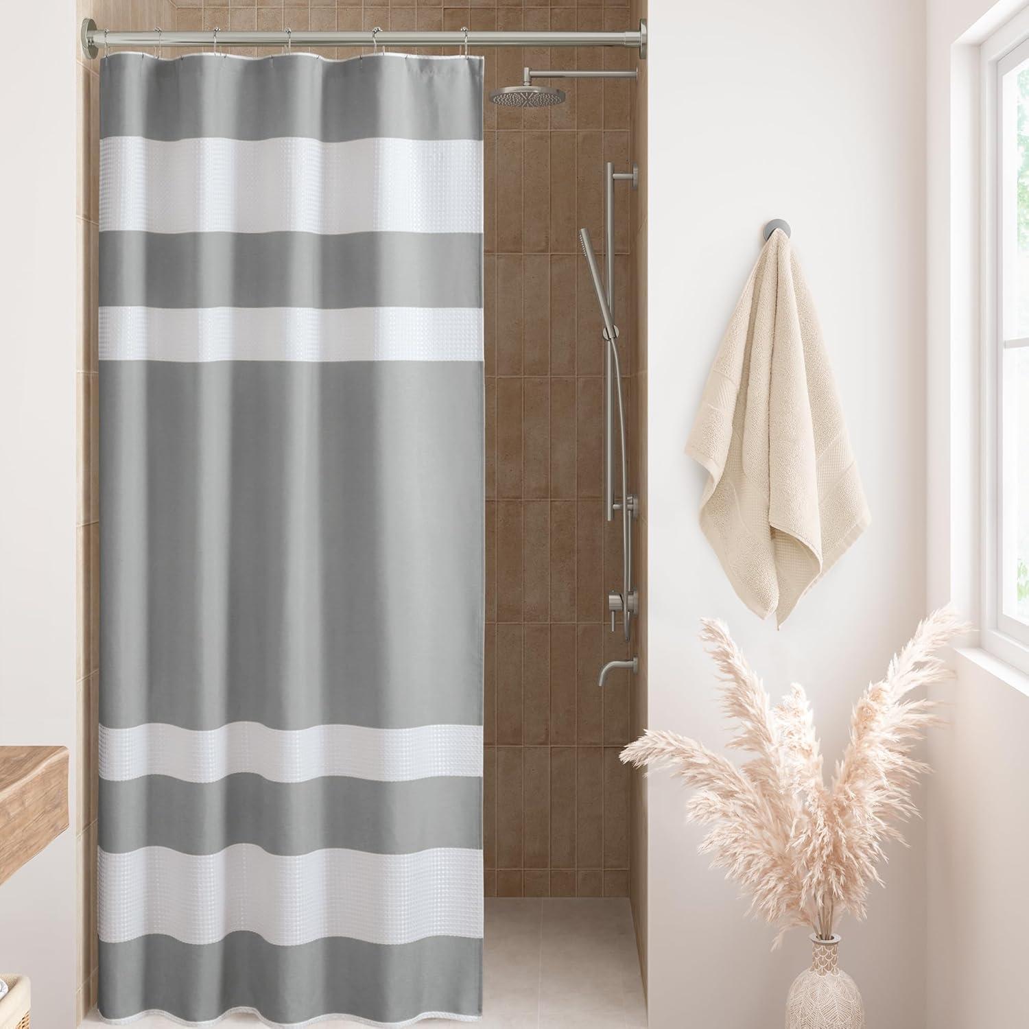 imageMadison Park Shower Curtain Spa Waffle Weave Stall Shower Curtain for Bathroom 3M Scotchgard Moisture Management Spa Quality Modern Shower Curtains for Bathroom Stall 36x72 TaupeStripe Grey