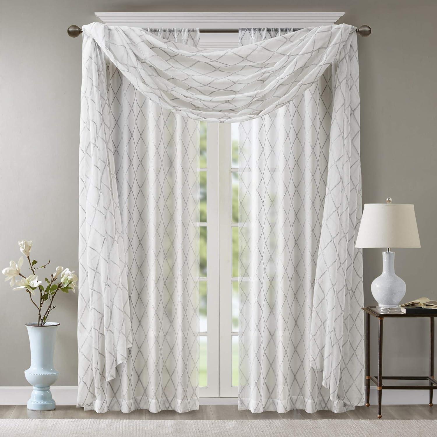 imageSheer Curtain Irina Embroidered Kitchen Transitional Fabric Sheers Single Curtain for Living Room Light Privacy Curtain Diffusing Sunlight 1Panel Pack 50quot x 95quot WhiteWhiteGrey