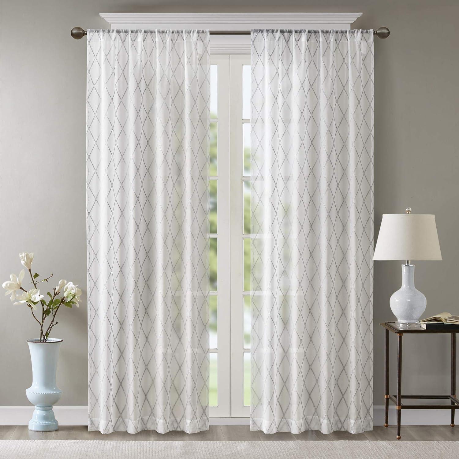 imageSheer Curtain Irina Embroidered Kitchen Transitional Fabric Sheers Single Curtain for Living Room Light Privacy Curtain Diffusing Sunlight 1Panel Pack 50quot x 95quot WhiteWhiteGrey