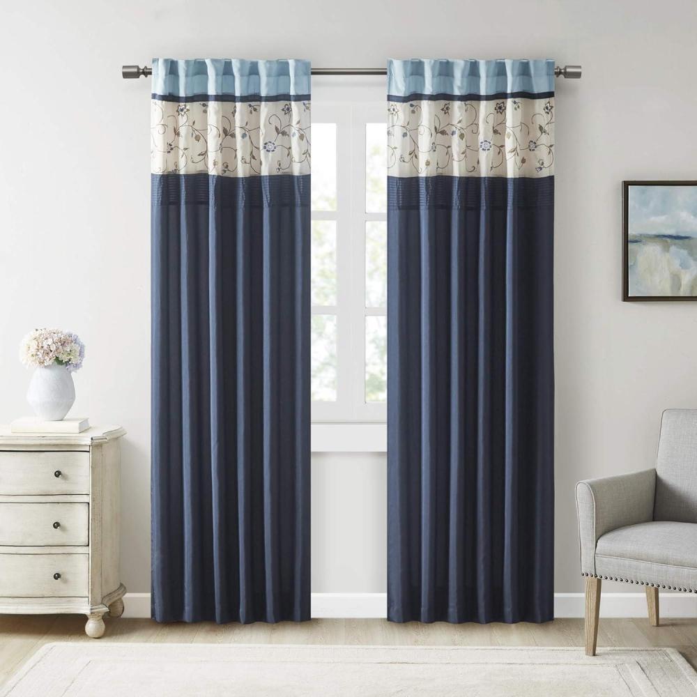 imageEmbroidered Light Filtering Rod Pocket Window Treatment Curtain Window Panel Drape for Bedroom Livingroom and DormNavy
