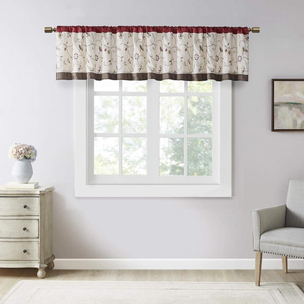 imageEmbroidered Light Filtering Rod Pocket Window Treatment Curtain Window Panel Drape for Bedroom Livingroom and DormRed