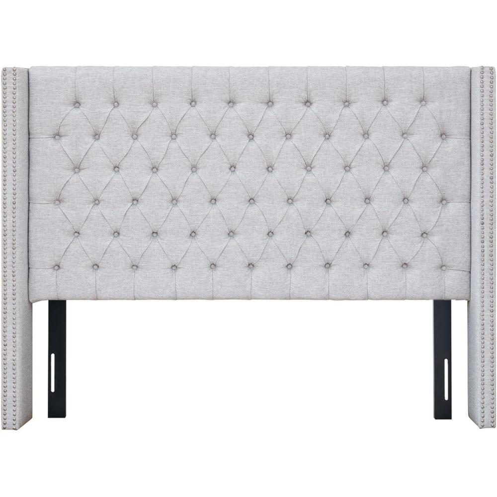 imageMadison Park Amelia Upholstered Headboard Nail Head Trim Wingback Button Tufted King CreamGray