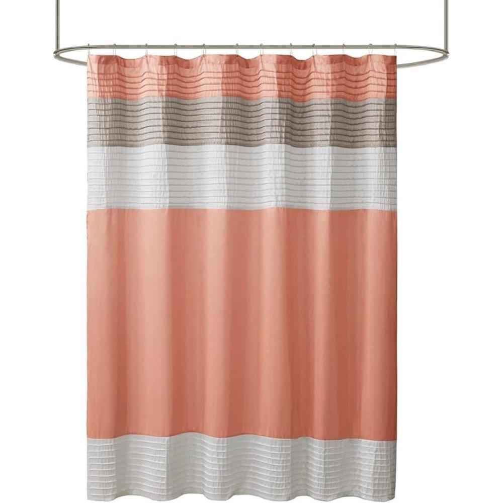 imageMadison Park Amherst Bathroom Shower Curtain Faux Silk Pieced Striped Modern Microfiber Bath Curtains 72x72 Inches AquaCoral