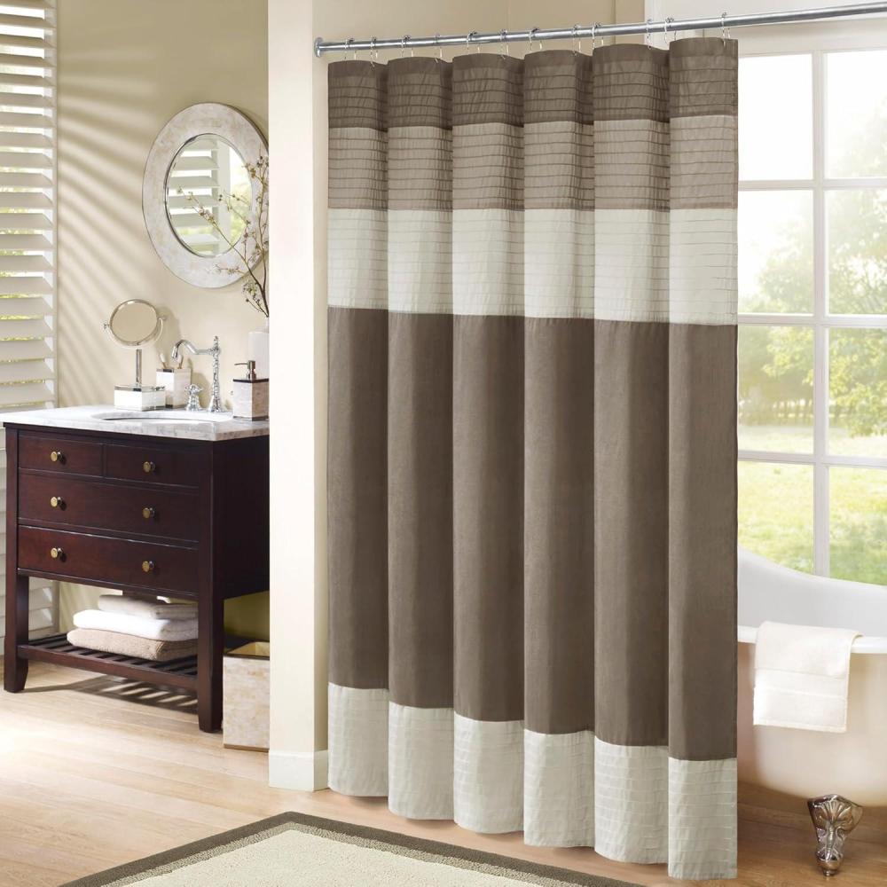 imageMadison Park Amherst Bathroom Shower Curtain Faux Silk Pieced Striped Modern Microfiber Bath Curtains 72x72 Inches AquaNatural
