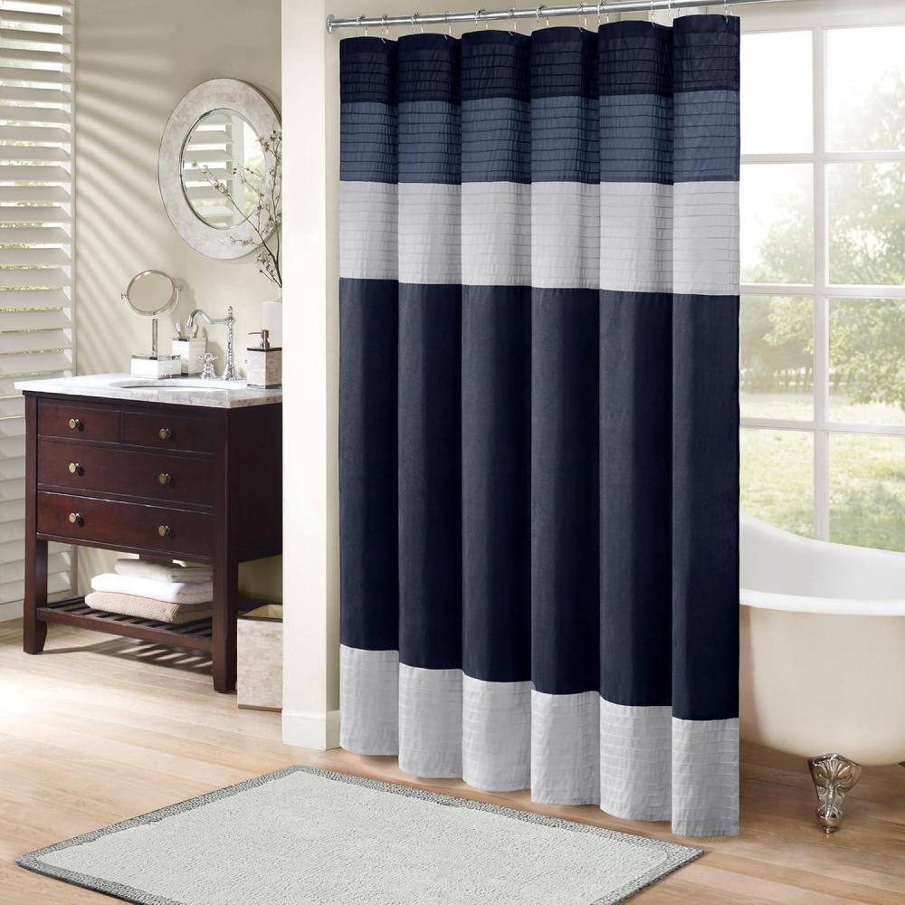 imageMadison Park Amherst Bathroom Shower Curtain Faux Silk Pieced Striped Modern Microfiber Bath Curtains 72x72 Inches AquaNavy