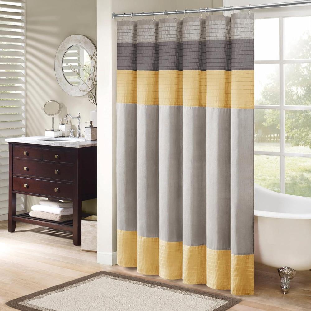imageMadison Park Amherst Bathroom Shower Curtain Faux Silk Pieced Striped Modern Microfiber Bath Curtains 72x72 Inches AquaYellow