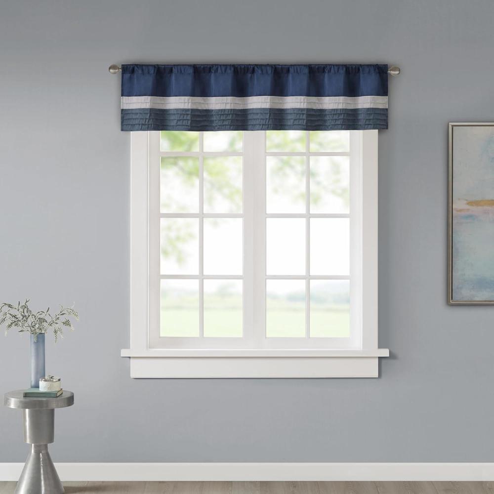 imageMadison Park Amherst Single Panel Faux Silk Rod Pocket Curtain With Privacy Lining for Living Room Window Drapes for Bedroom and Dorm 50x18 BlackNavy