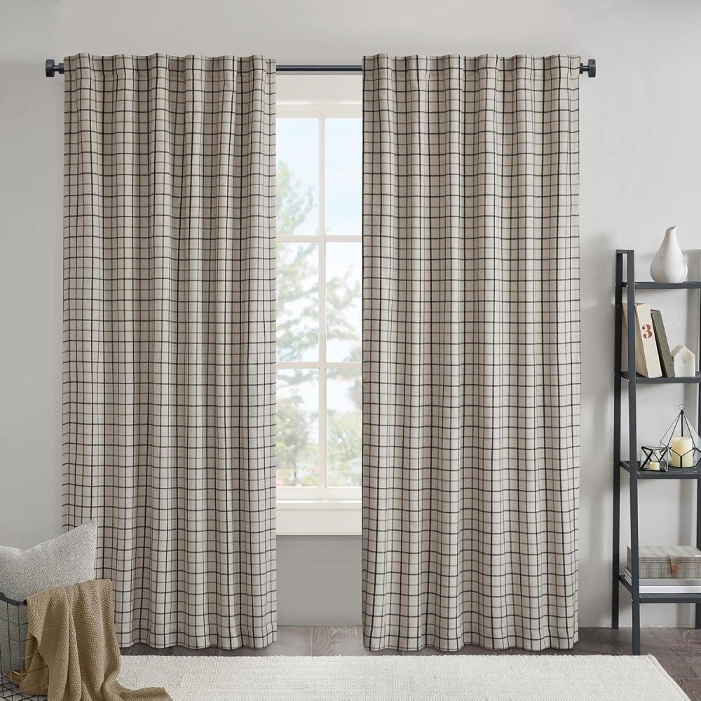 imageMadison Park Anaheim Cabin Plaid Curtain Window Thermal Insulated Fleece Lining Living Room Decor Room Darkening Drape for Bedroom 1Single Panel Pack 50quot x 84quot Rod Pocket NaturalRod Pocket Black