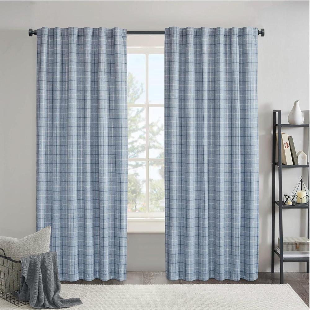 imageMadison Park Anaheim Cabin Plaid Curtain Window Thermal Insulated Fleece Lining Living Room Decor Room Darkening Drape for Bedroom 1Single Panel Pack 50quot x 84quot Rod Pocket NaturalRod Pocket Denim Blue