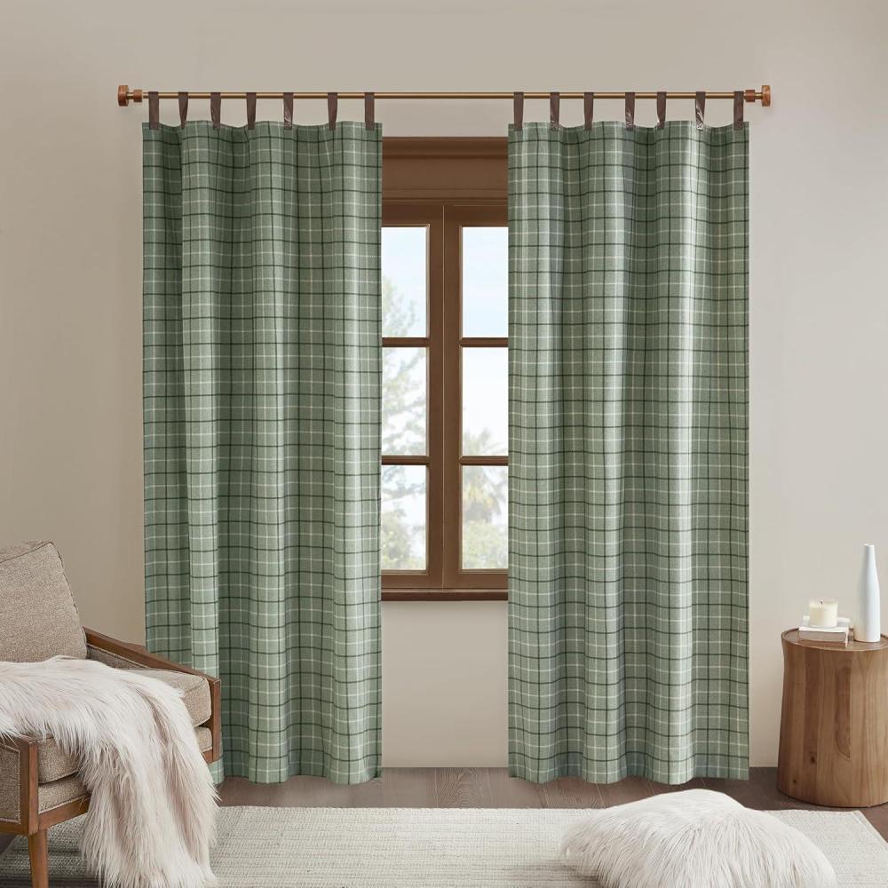 imageMadison Park Anaheim Cabin Plaid Curtain Window Thermal Insulated Fleece Lining Living Room Decor Room Darkening Drape for Bedroom 1Single Panel Pack 50quot x 84quot Rod Pocket NaturalFaux Leather Tab Green