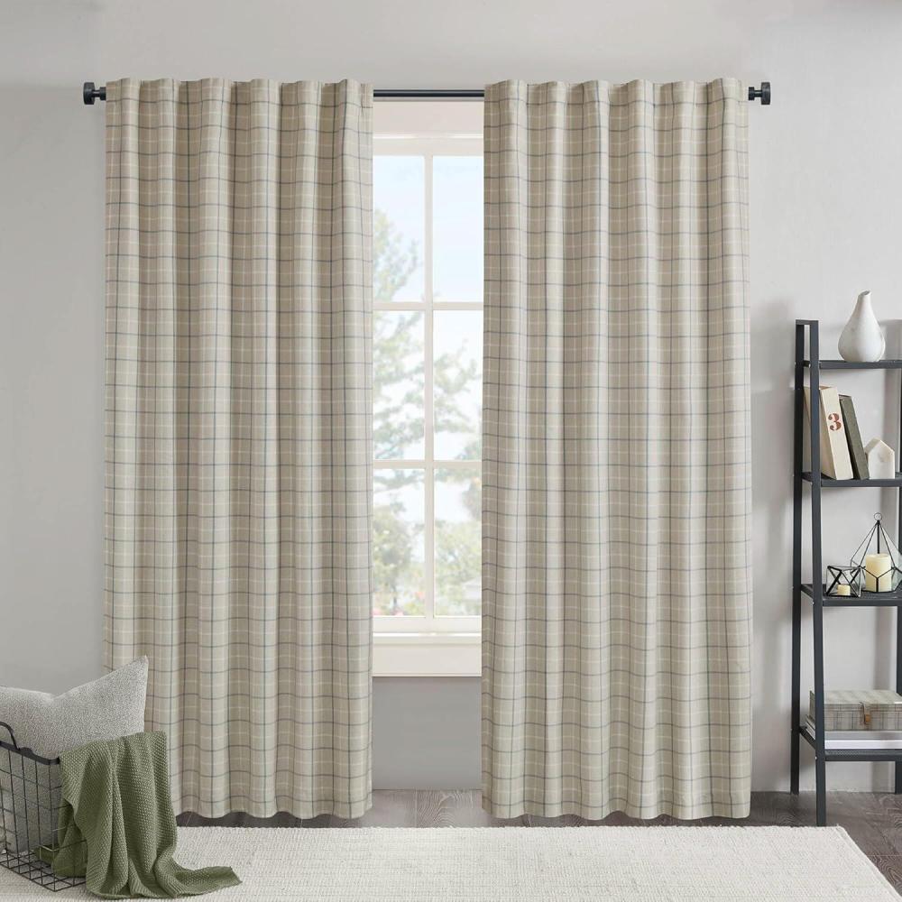 imageMadison Park Anaheim Cabin Plaid Curtain Window Thermal Insulated Fleece Lining Living Room Decor Room Darkening Drape for Bedroom 1Single Panel Pack 50quot x 84quot Rod Pocket NaturalRod Pocket Linen Blue