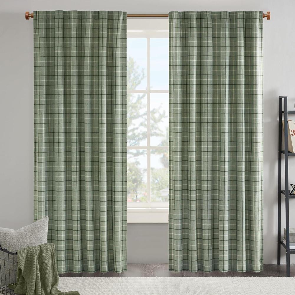 imageMadison Park Anaheim Cabin Plaid Curtain Window Thermal Insulated Fleece Lining Living Room Decor Room Darkening Drape for Bedroom 1Single Panel Pack 50quot x 84quot Rod Pocket NaturalRod Pocket Green