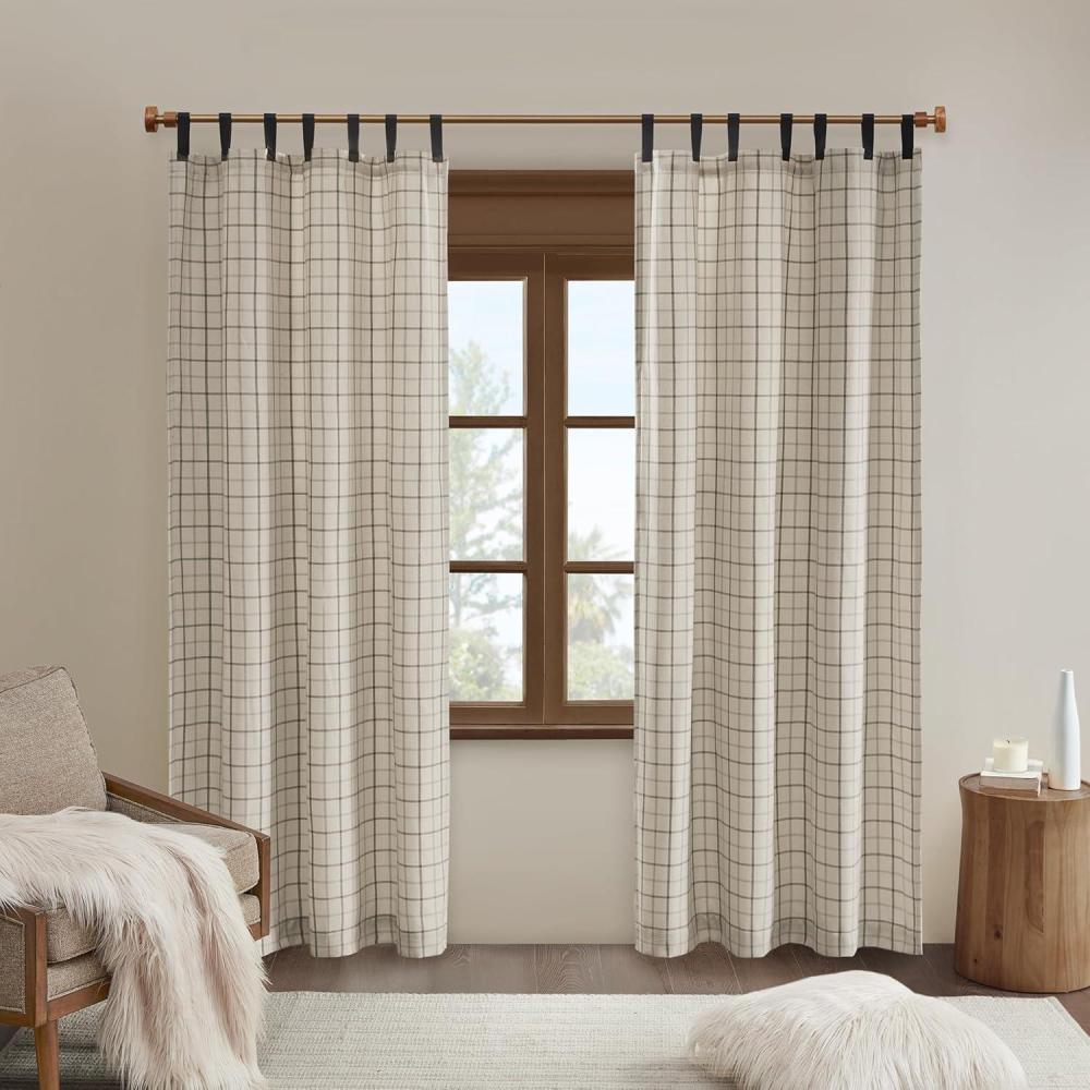 imageMadison Park Anaheim Cabin Plaid Curtain Window Thermal Insulated Fleece Lining Living Room Decor Room Darkening Drape for Bedroom 1Single Panel Pack 50quot x 84quot Rod Pocket NaturalFaux Leather Tab Natural
