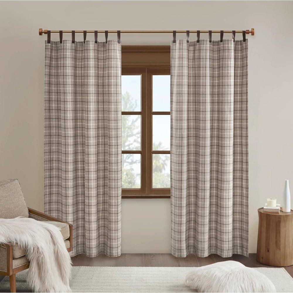 imageMadison Park Anaheim Cabin Plaid Curtain Window Thermal Insulated Fleece Lining Living Room Decor Room Darkening Drape for Bedroom 1Single Panel Pack 50quot x 84quot Rod Pocket NaturalFaux Leather Tab Brown