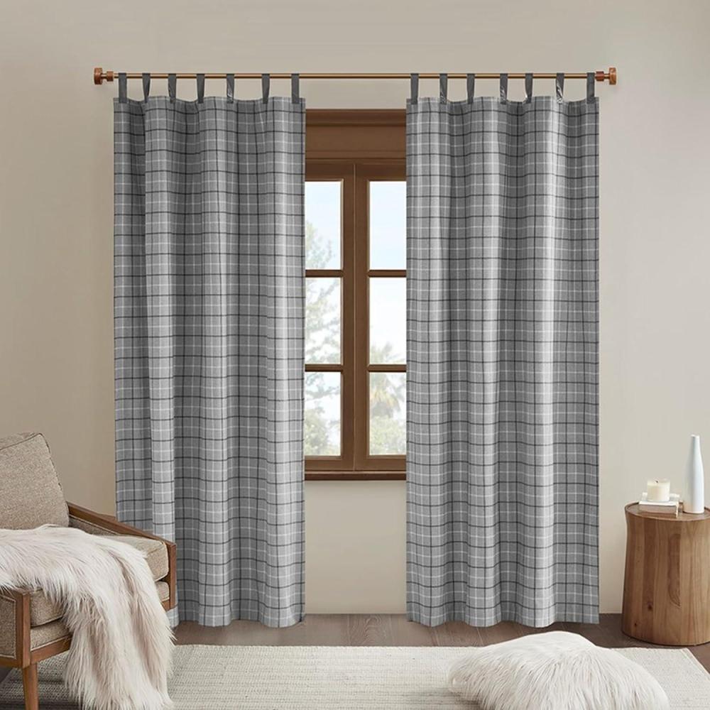 imageMadison Park Anaheim Cabin Plaid Curtain Window Thermal Insulated Fleece Lining Living Room Decor Room Darkening Drape for Bedroom 1Single Panel Pack 50quot x 84quot Rod Pocket NaturalFaux Leather Tab Grey