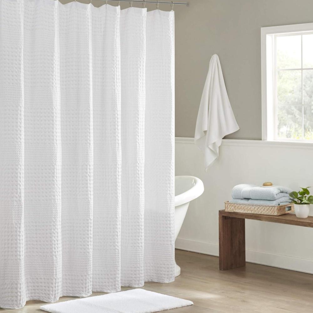 imageMadison Park Arlo 100 Cotton Shower Curtain Texture Waffle Weave Design 800 GSM Hotel Quality Soft Trendy Bathroom Dcor Machine Washable Bathtub Fabric Privacy Screen 72quot x 72quot WhiteWhite