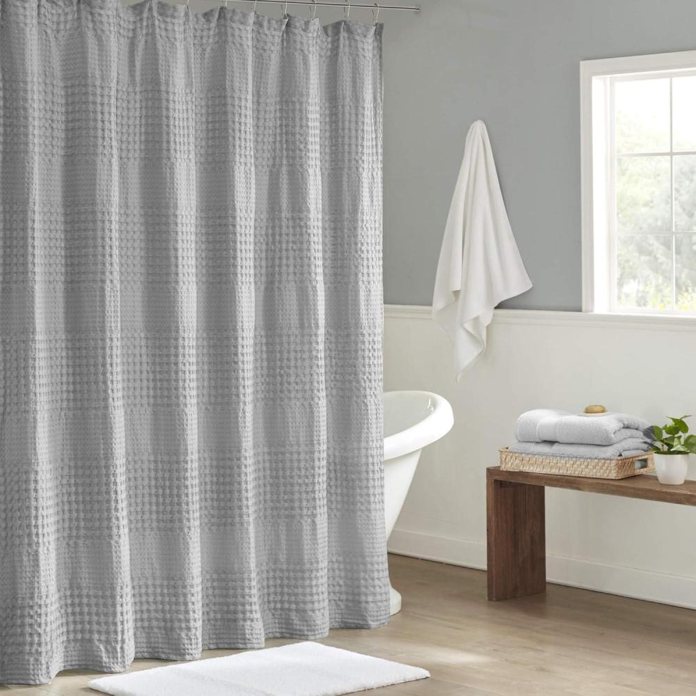 imageMadison Park Arlo 100 Cotton Shower Curtain Texture Waffle Weave Design 800 GSM Hotel Quality Soft Trendy Bathroom Dcor Machine Washable Bathtub Fabric Privacy Screen 72quot x 72quot WhiteGrey