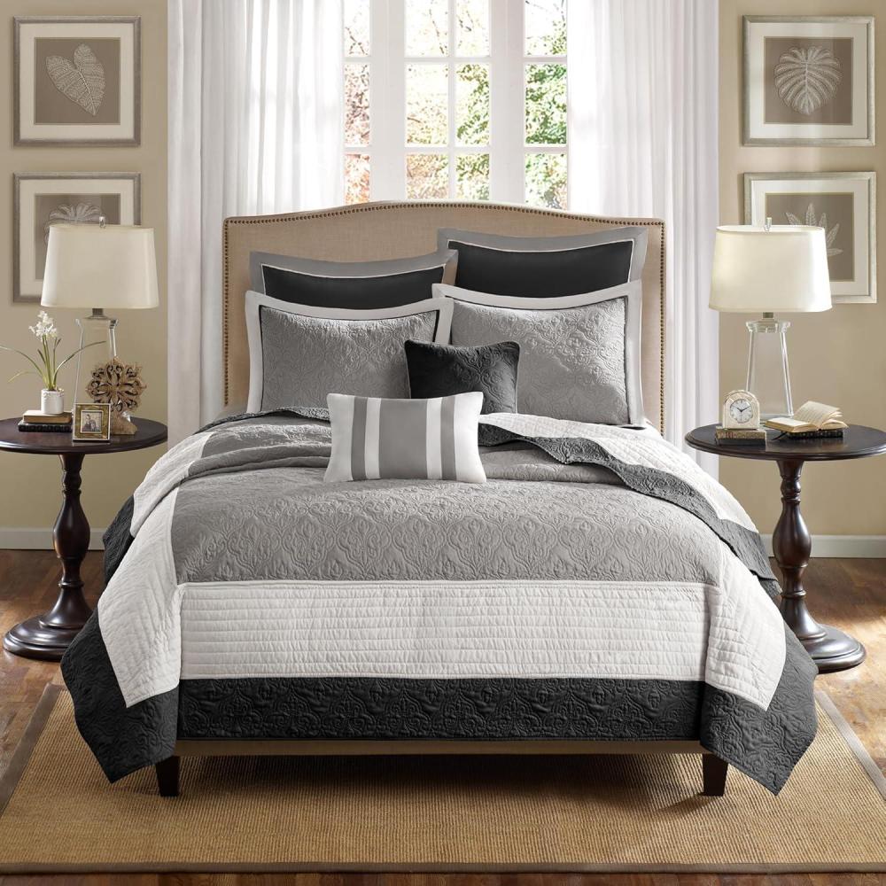 imageMadison Park Attingham Reversible Quilt Set  All Season Breathable Coverlet Lightweight Cozy Bedding Layers Matching Shams FullQueen90quotx90quot Navy 7 PieceBlack Multi 7pcs