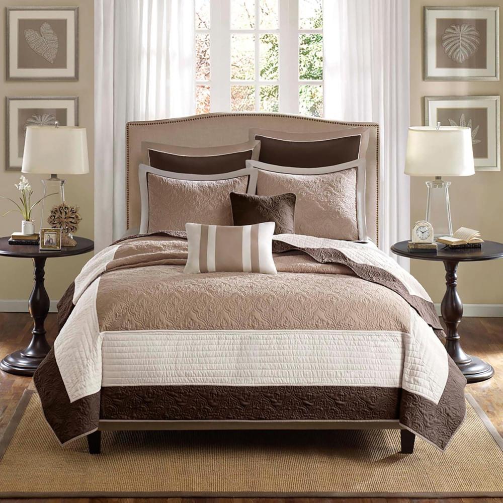 imageMadison Park Attingham Reversible Quilt Set All Season Breathable Coverlet Lightweight Cozy Bedding Layers Matching Shams FullQueen90quotx90quot Navy 7 PieceBeige Multi 7pcs