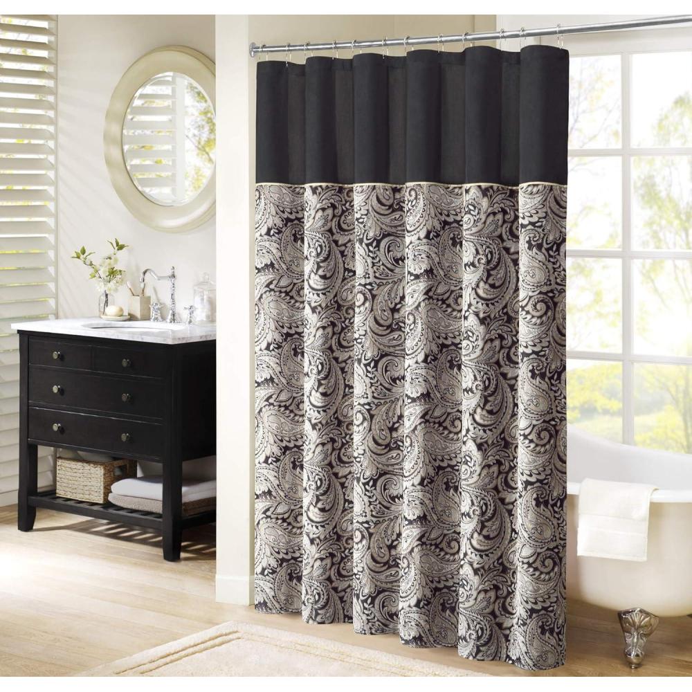 imageMadison Park Aubrey Shower Curtain Paisley Jacquard Pieced Microfiber Faux Silk Modern Home Bathroom Decorations Bathtub Privacy Screen Decorative Bathroom 72quot x 72quot NavyBlack