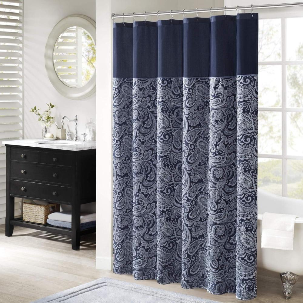 imageMadison Park Aubrey Shower Curtain Paisley Jacquard Pieced Microfiber Faux Silk Modern Home Bathroom Decorations Bathtub Privacy Screen Decorative Bathroom 72quot x 72quot NavyNavy