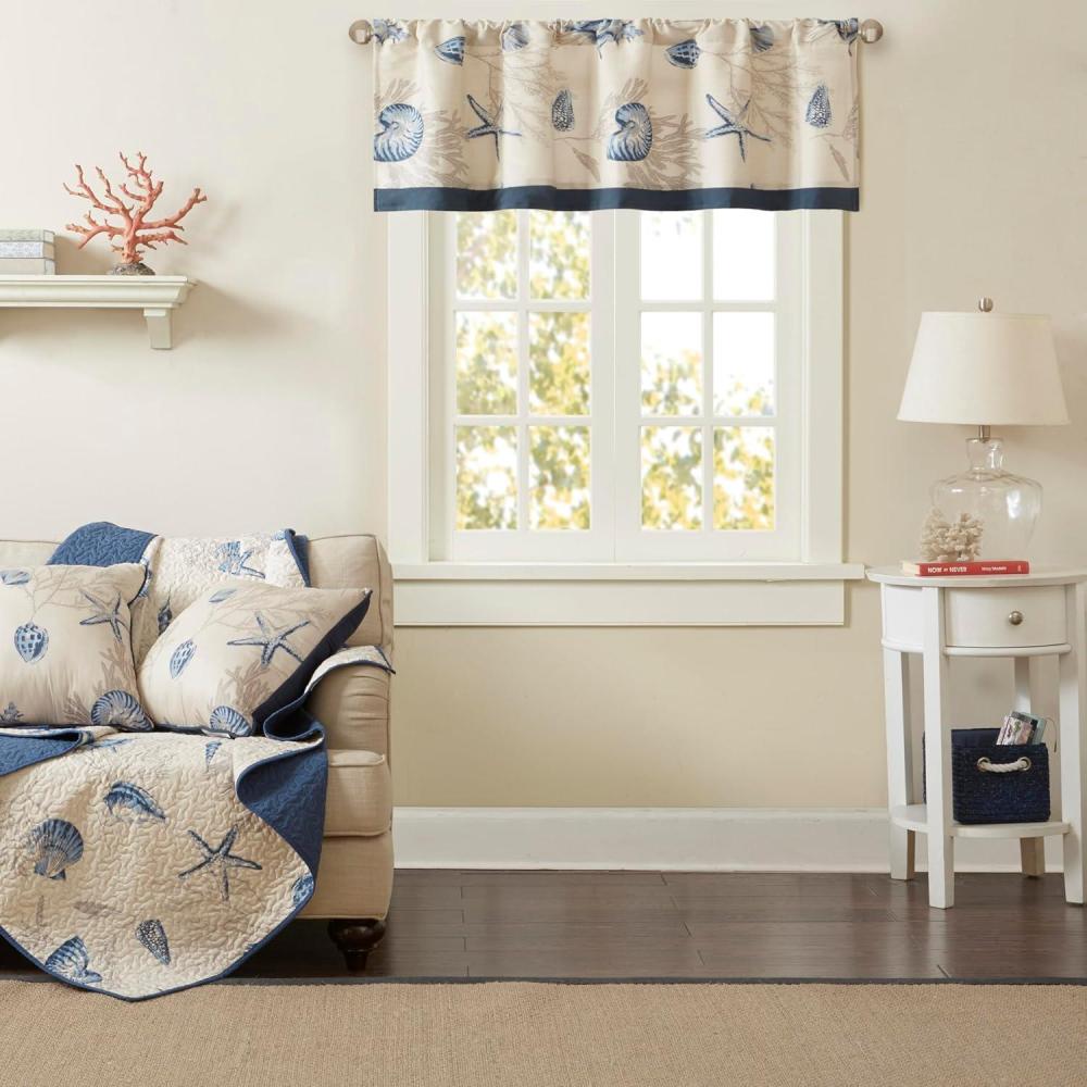 imageMadison Park Bayside Printed Ivory Navy Window Valance Cotton Printed Rod Pocket Valances for Windows 50X18quot Dark Blue18W x 50L Pack of 8