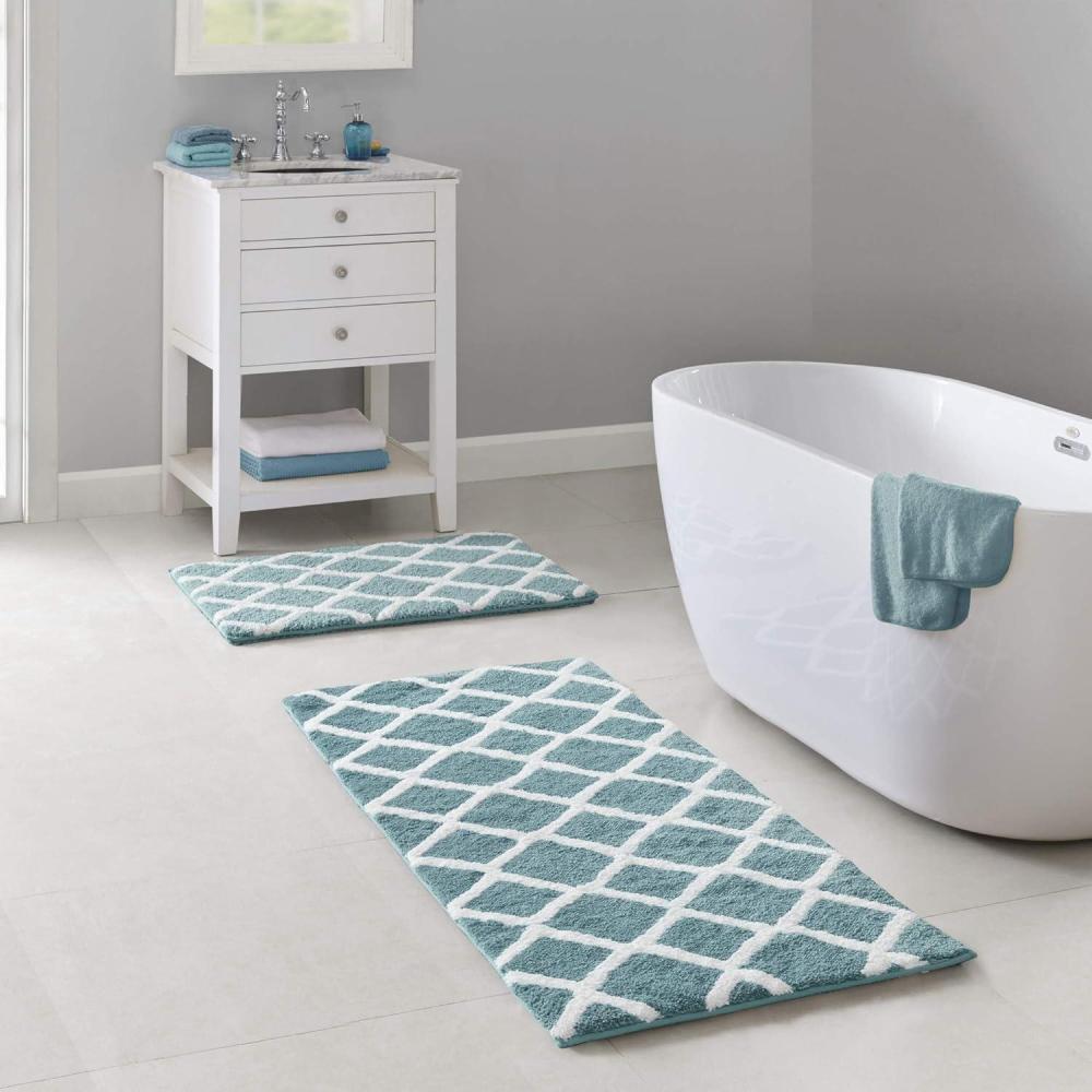 imageMadison Park Bittman Reversible Bathroom Rug High Pile Luxrurious Tufted Plush Bath Mat Absorbent Quick Dry Geometric Design Shower Room Dcor 21x34 NavyAqua