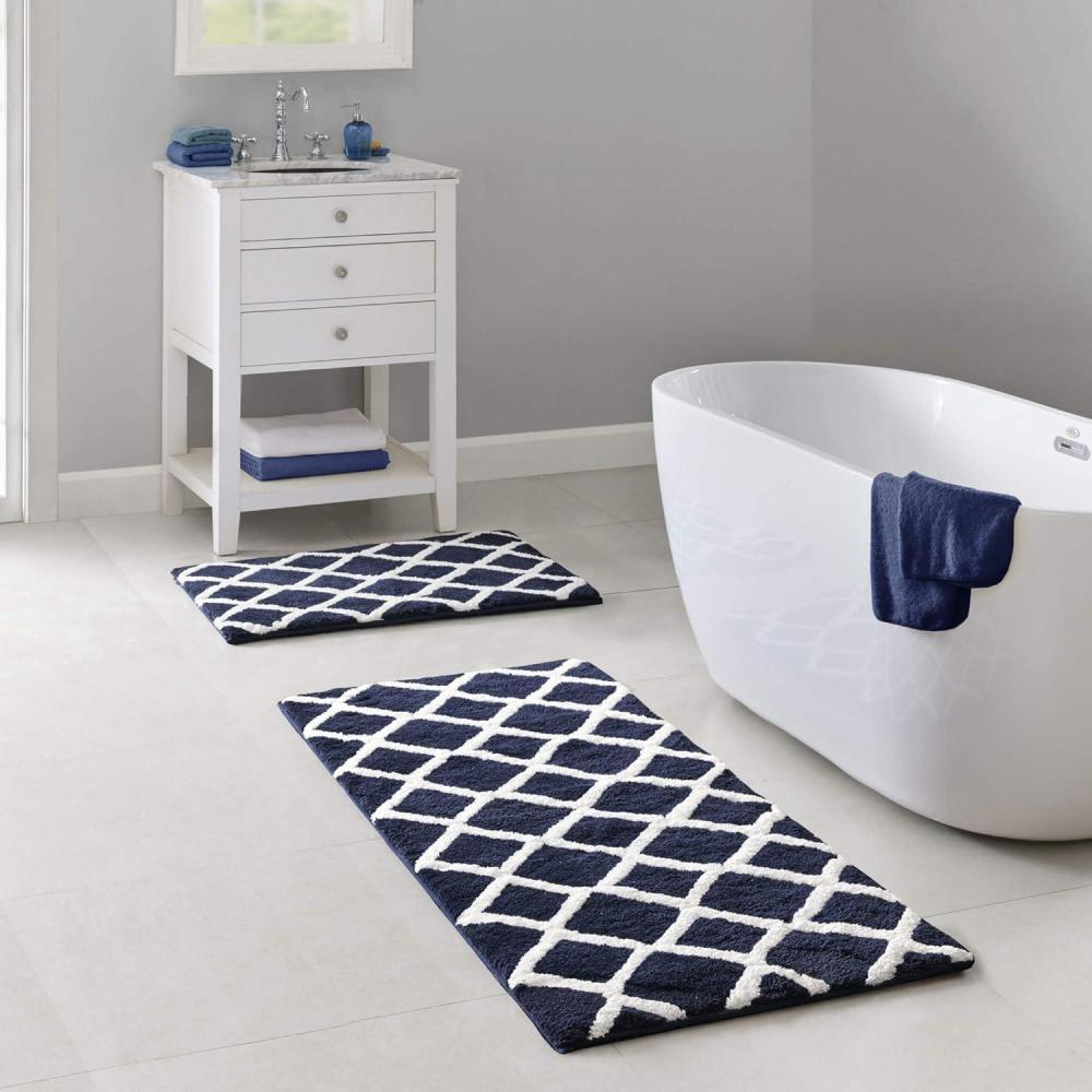 imageMadison Park Bittman Reversible Bathroom Rug  High Pile Luxrurious Tufted Plush Bath Mat Absorbent Quick Dry Geometric Design Shower Room Dcor 21x34 NavyNavy