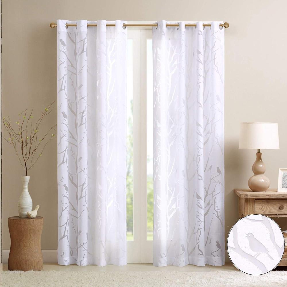 imageMadison Park Cecily Semi Sheer SINGLE Panel Window Curtain Burnout Botanical Print Easy To Hang Fits up to 125quot Diameter Rod 50x84quot Leaves AquaAveril Bird White