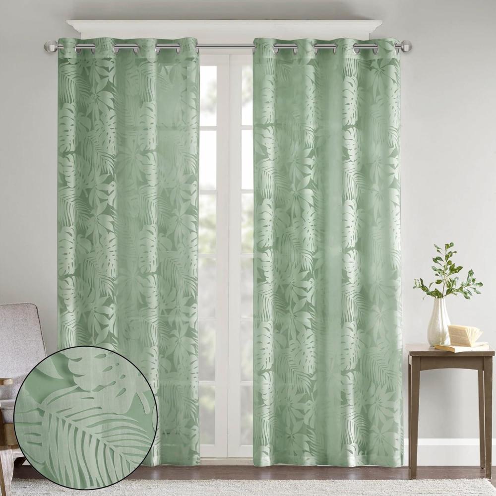 imageMadison Park Cecily Semi Sheer SINGLE Panel Window Curtain Burnout Botanical Print Easy To Hang Fits up to 125quot Diameter Rod 50x84quot Leaves AquaLeilani Sage Green