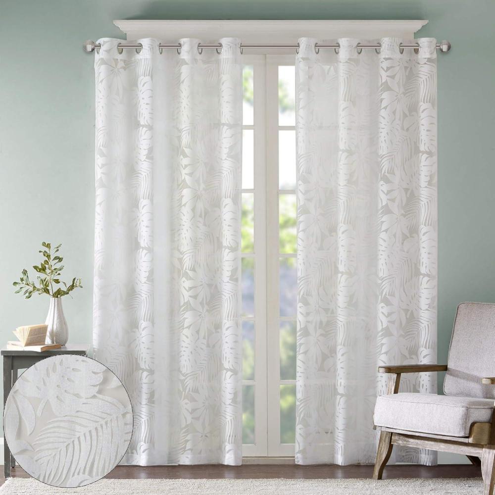 imageMadison Park Cecily Semi Sheer SINGLE Panel Window Curtain Burnout Botanical Print Easy To Hang Fits up to 125quot Diameter Rod 50x84quot Leaves AquaLeilani Tropical White