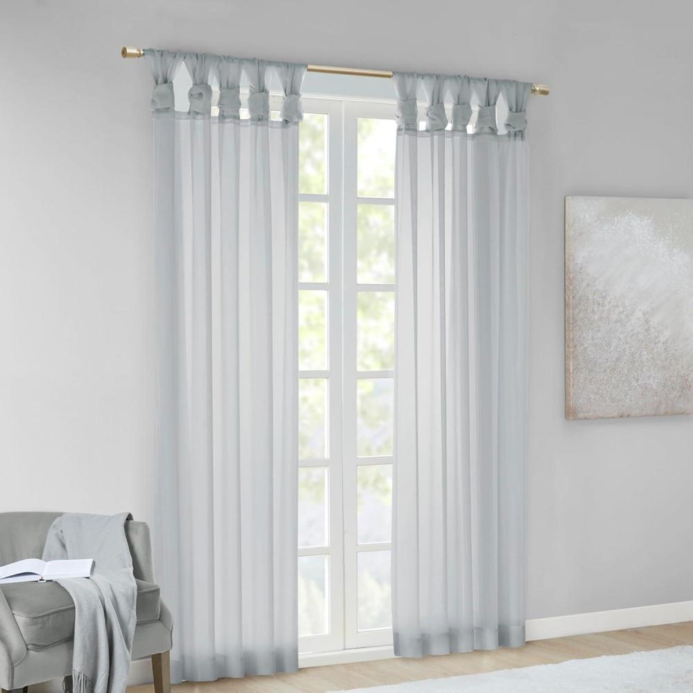 imageMadison Park Ceres DIY Twisted Tab Sheer Curtain Pair Panels Lightweight Window Treatment Voile Privacy Light Filtering Drape for Bedroom and Apartment 50 in x 84 in White 2 PieceLight Grey