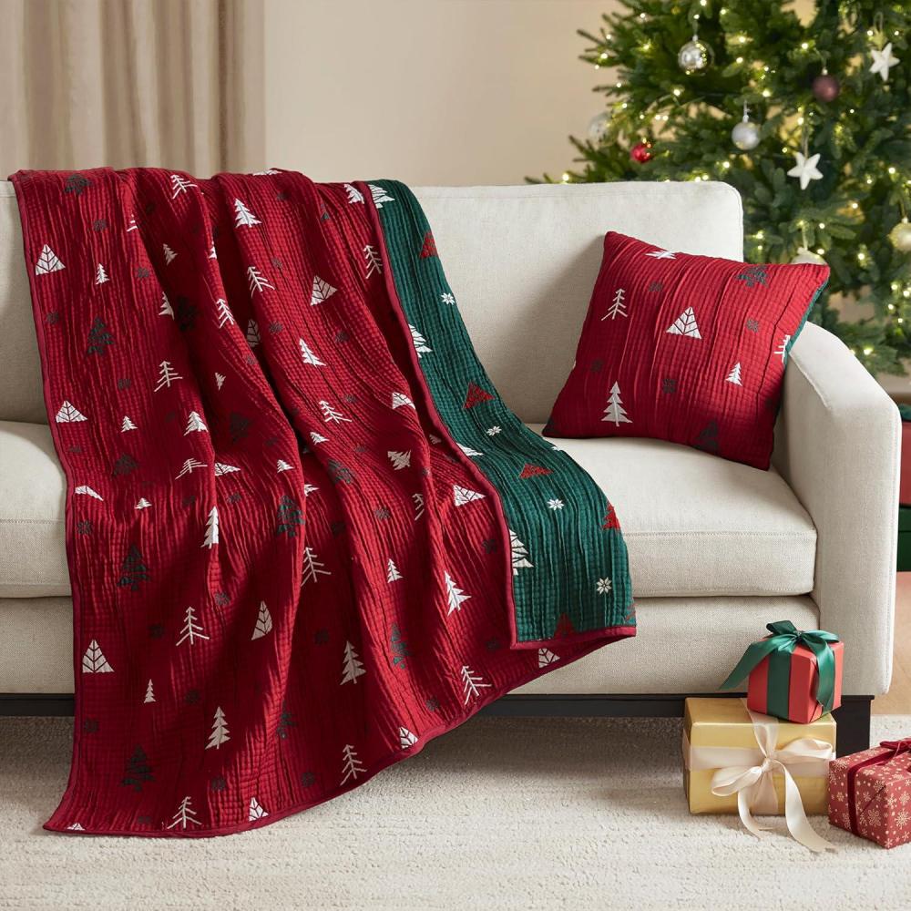 imageMadison Park Christmas Coverlet Set Festive Jacquard Design 3 Piece Set All Season Reversible Bedspread Lightweight Bedding Layer Shams Queen RedGreen50W x 70L