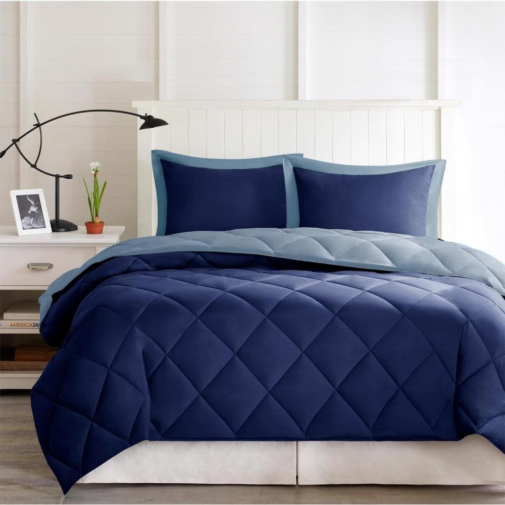 imageMadison Park Comfort Classics Larkspur Reversible Down Alternative 3M Scotchgard Comforter Mini Set FullQueen RedBlackNavyLight Blue