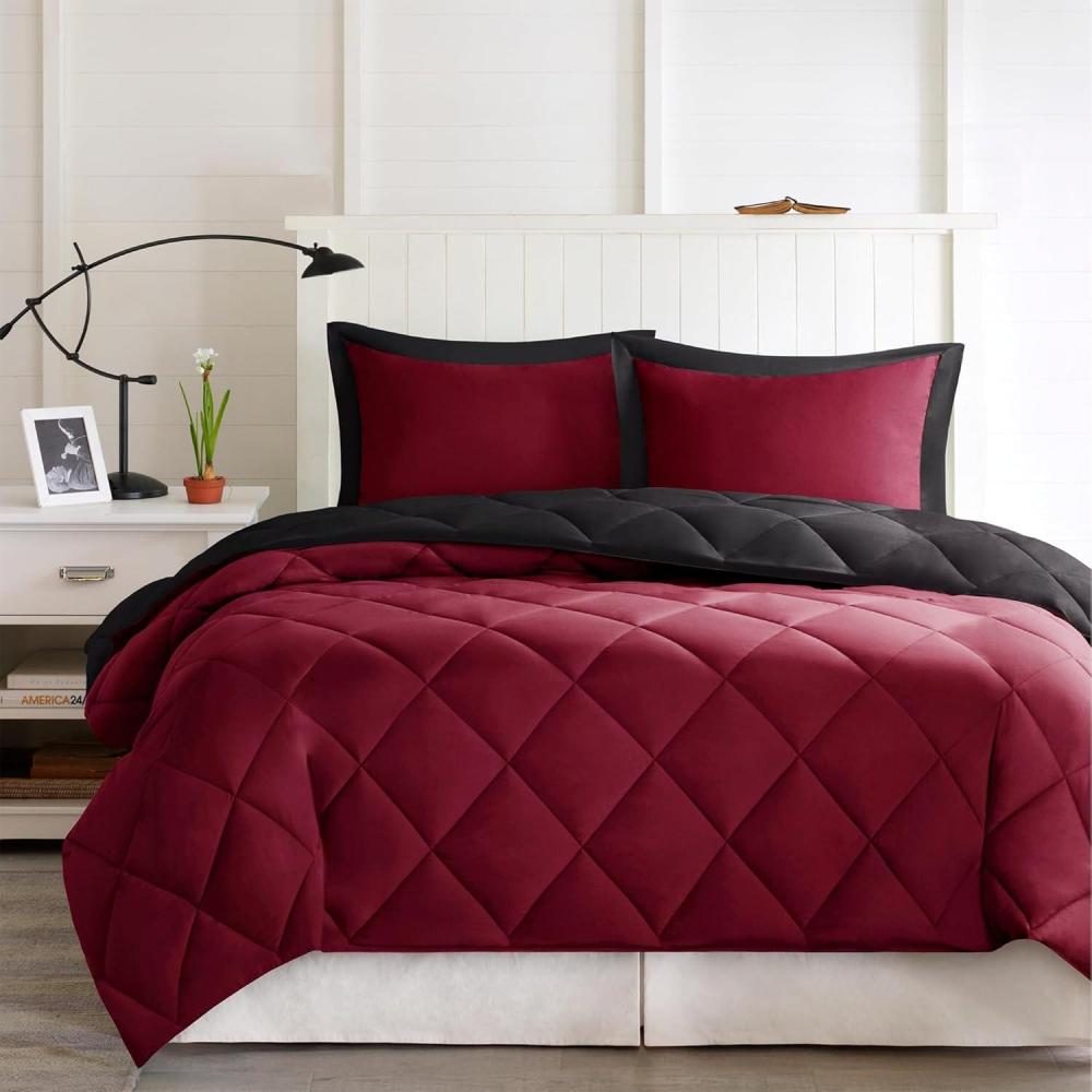 imageMadison Park Comfort Classics Larkspur Reversible Down Alternative 3M Scotchgard Comforter Mini Set FullQueen RedBlackRedBlack