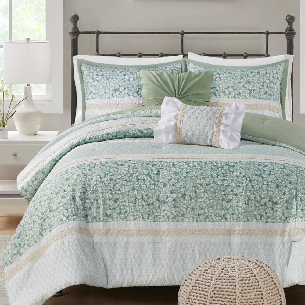 imageMadison Park Comforter Set Seersucker Floral King Size Comforter Sets Microfiber Comforters All Season Lightweight Comforter Throw Pillows Caralie FullQueen Purple 5 PieceGreen 5pcs