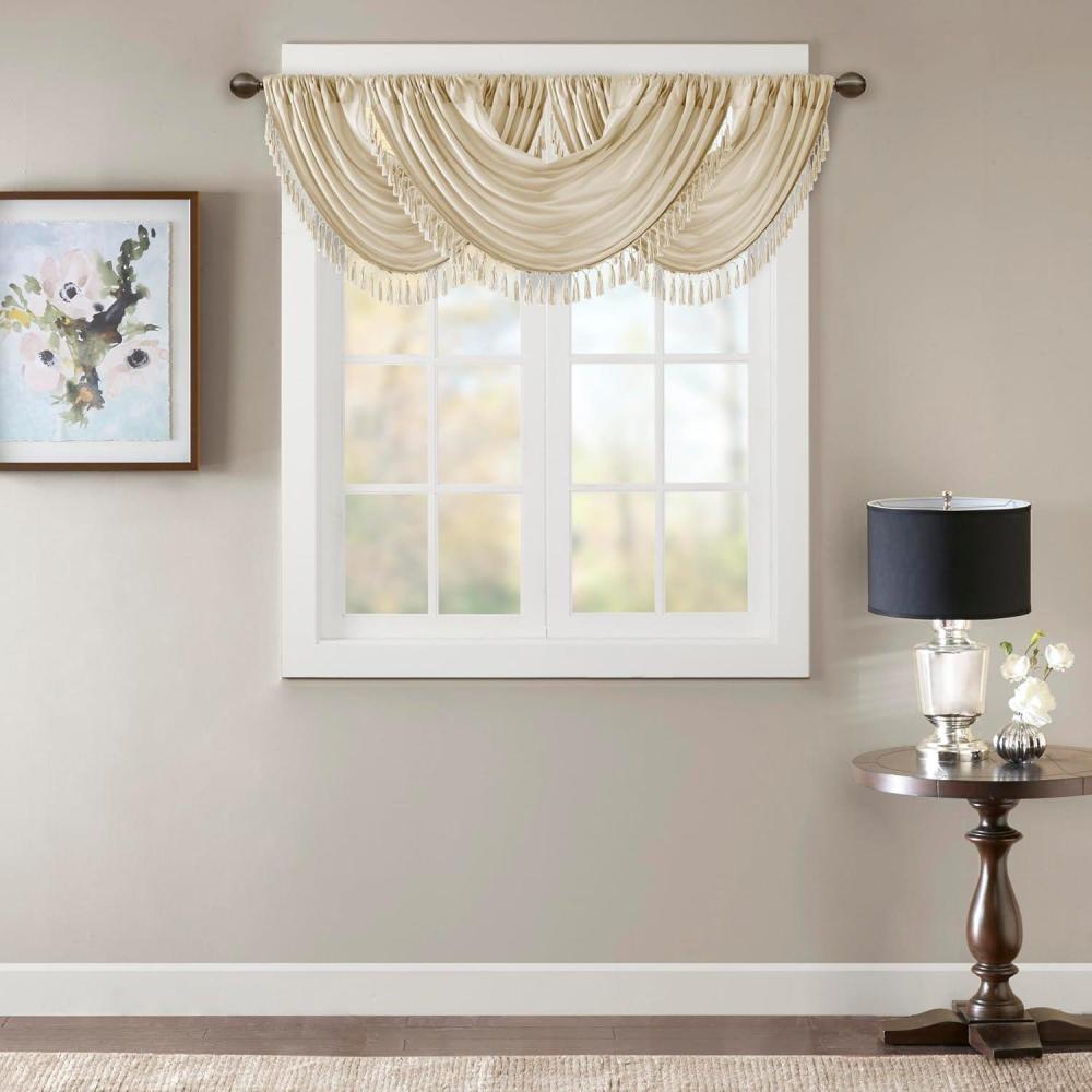 imageMadison Park Elena Waterfall Embellished Rod Pocket Valance  Faux Silk Valances for Window  38X46quot  BronzeChampagne