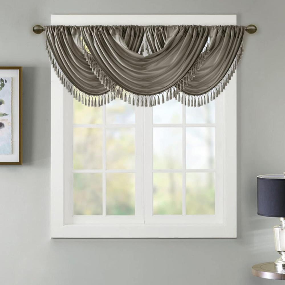 imageMadison Park Elena Waterfall Embellished Rod Pocket Valance  Faux Silk Valances for Window  38X46quot  BronzeCharcoal