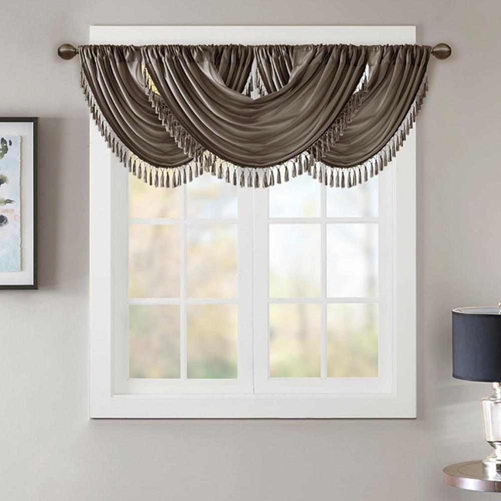imageMadison Park Elena Waterfall Embellished Rod Pocket Valance  Faux Silk Valances for Window  38X46quot  BronzePewter