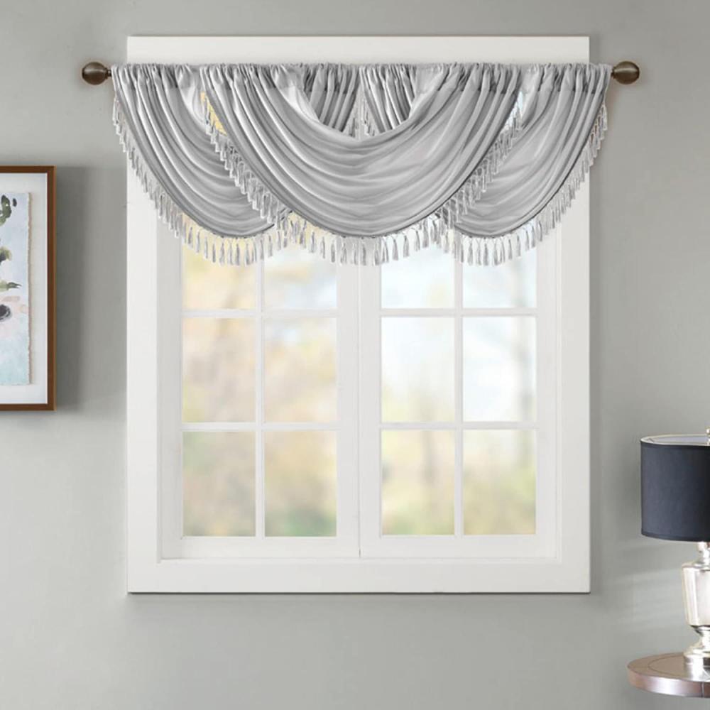 imageMadison Park Elena Waterfall Embellished Rod Pocket Valance  Faux Silk Valances for Window  38X46quot  BronzeSilver