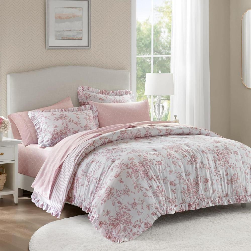 imageMadison Park Essentials Floral Comforter Set Queen Size Complete Vintage Bedding with Sheet Set Elegant Bed in a Bag with Reversible Ruffle Comforter for Girls Adele BluePink
