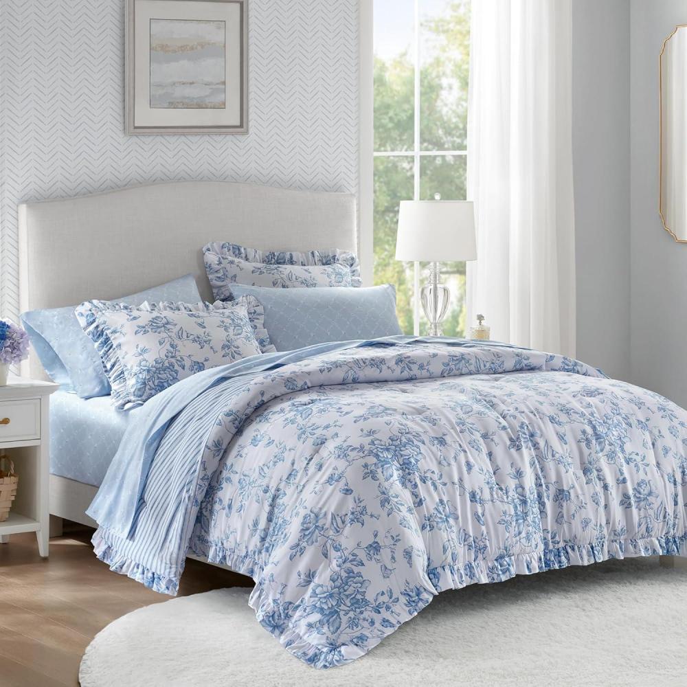 imageMadison Park Essentials Floral Comforter Set Queen Size Complete Vintage Bedding with Sheet Set Elegant Bed in a Bag with Reversible Ruffle Comforter for Girls Adele BlueBlue