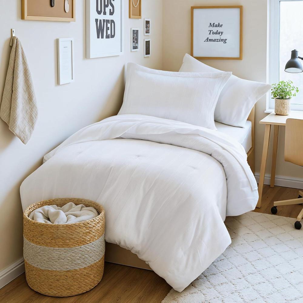 imageMadison Park Essentials Striped Comforter Set Queen 7 Pieces Modern Minimalist Jacquard Bedding Set for All Season Bed in A Bag with Sheet Set and Soft Brushed Reverse Lightweight WhiteWhite