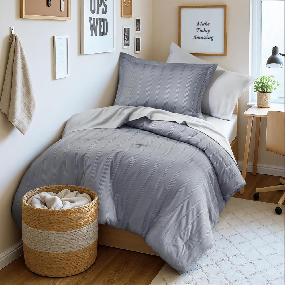 imageMadison Park Essentials Striped Comforter Set Queen 7 Pieces Modern Minimalist Jacquard Bedding Set for All Season Bed in A Bag with Sheet Set and Soft Brushed Reverse Lightweight WhiteBlueGrey
