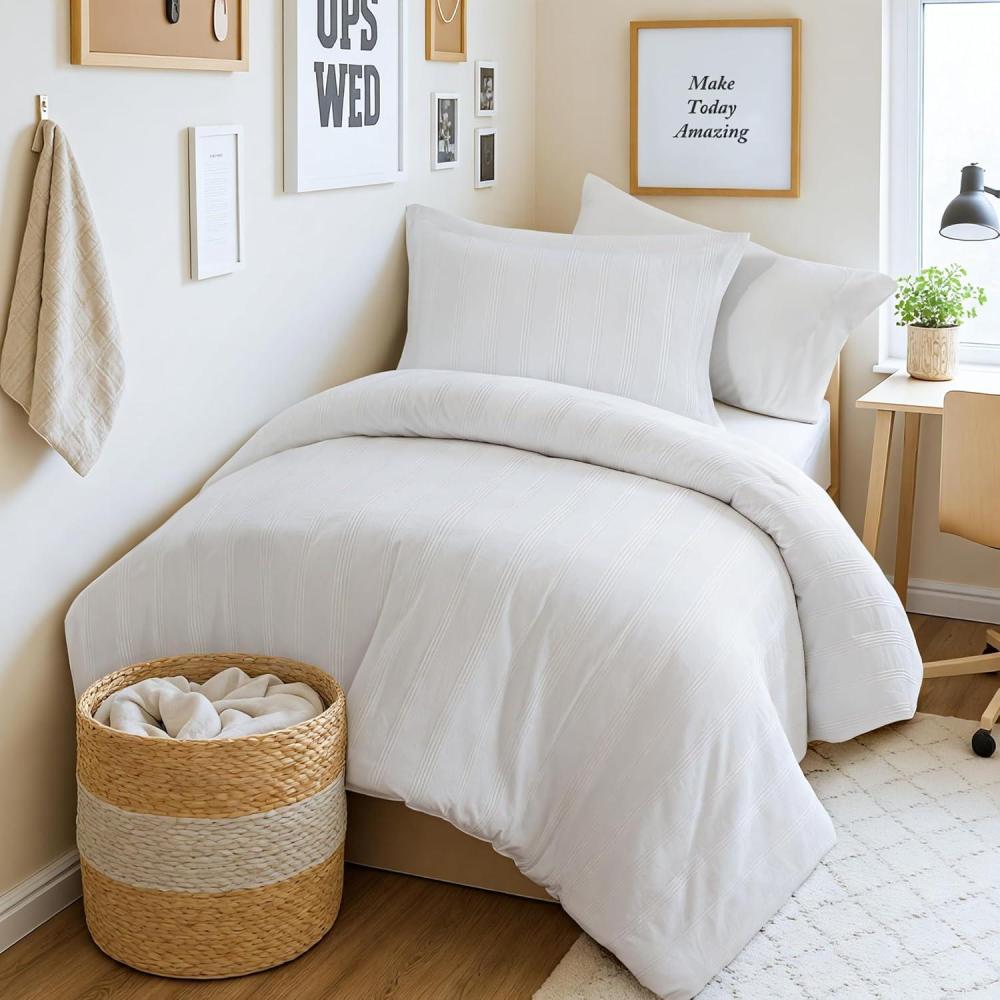 imageMadison Park Essentials Striped Duvet Cover Set Queen Modern Minimalist Bedding Set with Premium Jacquard Stripe 3 Pieces Duvet Cover Reversible with Zipper Closure ampamp Corner TiesWhiteWhite